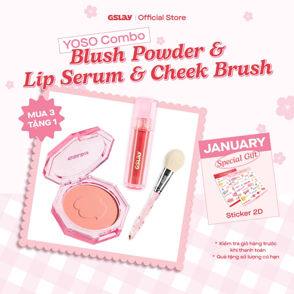 Bestie Combo GSLAY YOSO 03 Sản Phẩm: Phấn Má Hồng (5g), Son Dưỡng Bóng (1ml) và Cheek Brush Pink