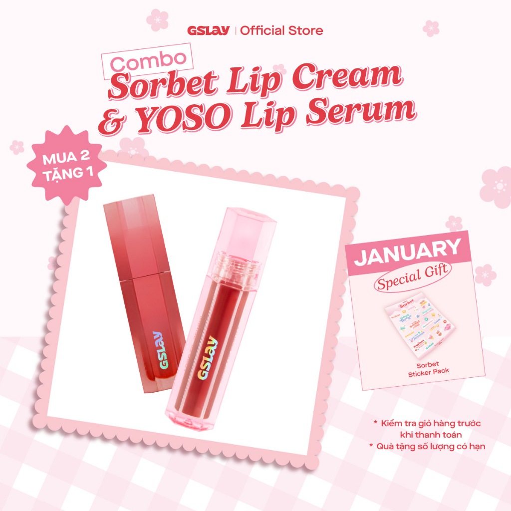 Combo GSLAY Sorbet Lip Cream mịn lì thuần chay che phủ rãnh môi (4g) & GSLAY YOSO Lip Serum dưỡng ẩm