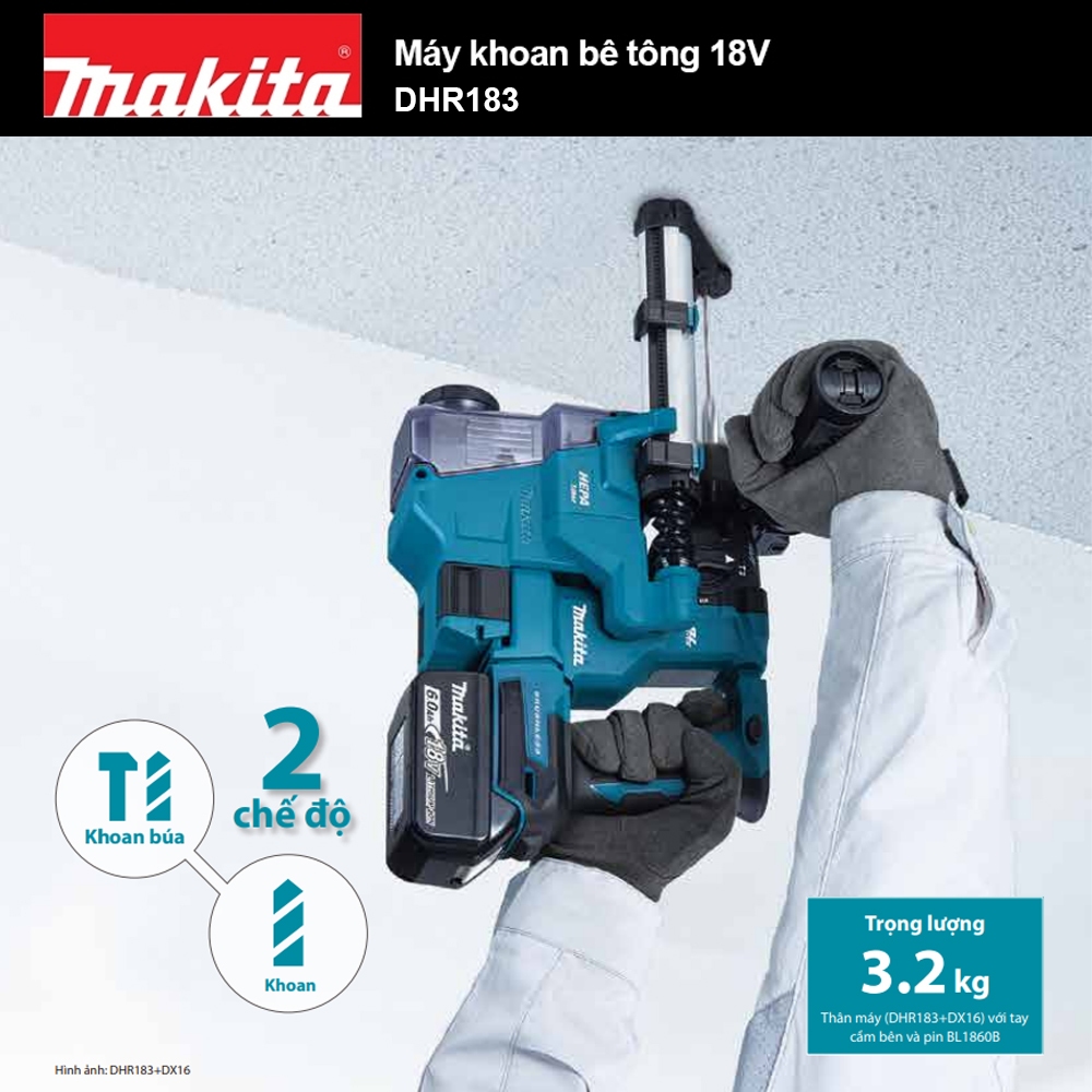 Máy khoan bê tông dùng pin 18V Makita DHR183 - Không chổi than | Makita Việt Nam