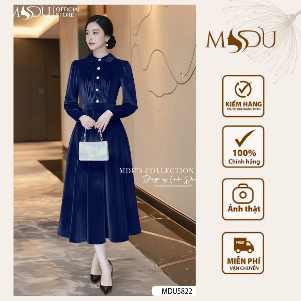 Váy Thiết Kế MDU5822 Nhung Hàn Xanh Navy Dáng Xòe Cổ Sơ Mi Đính Cúc Ngọc Trai Thanh Lịch Dự Tiệc
