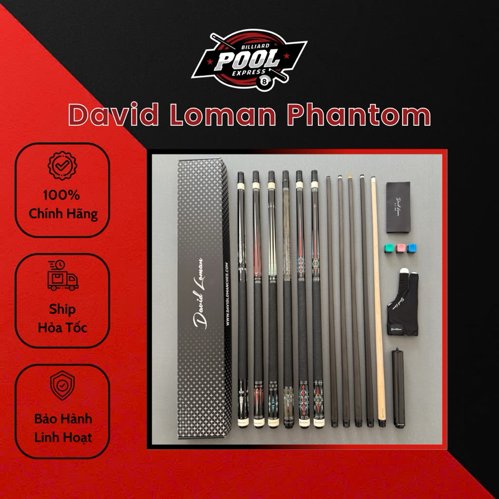Gậy bi-a, Cơ bida David Loman Phantom (Chính hãng) kèm lựa chọn ngọn Classic/Skyline/Ultra/Pro Black