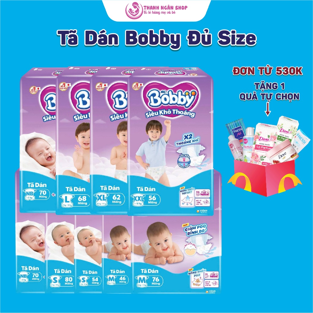 Tã Dán Bobby Đủ Size NB70 S54 S80 M46 M76 L68 XL62 XXL56 - Tã Dán Bobby Êm Mềm Khô Thoáng - Thanh Ng