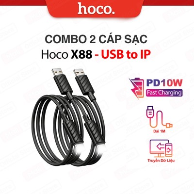 COMBO 1/2/3/5 Cáp sạc nhanh PD10W Hoco X88 USB to IP dùng cho ip6/7/8/X/11/12/13/14 dây dẻo siêu bền dài 1M (ĐEN)