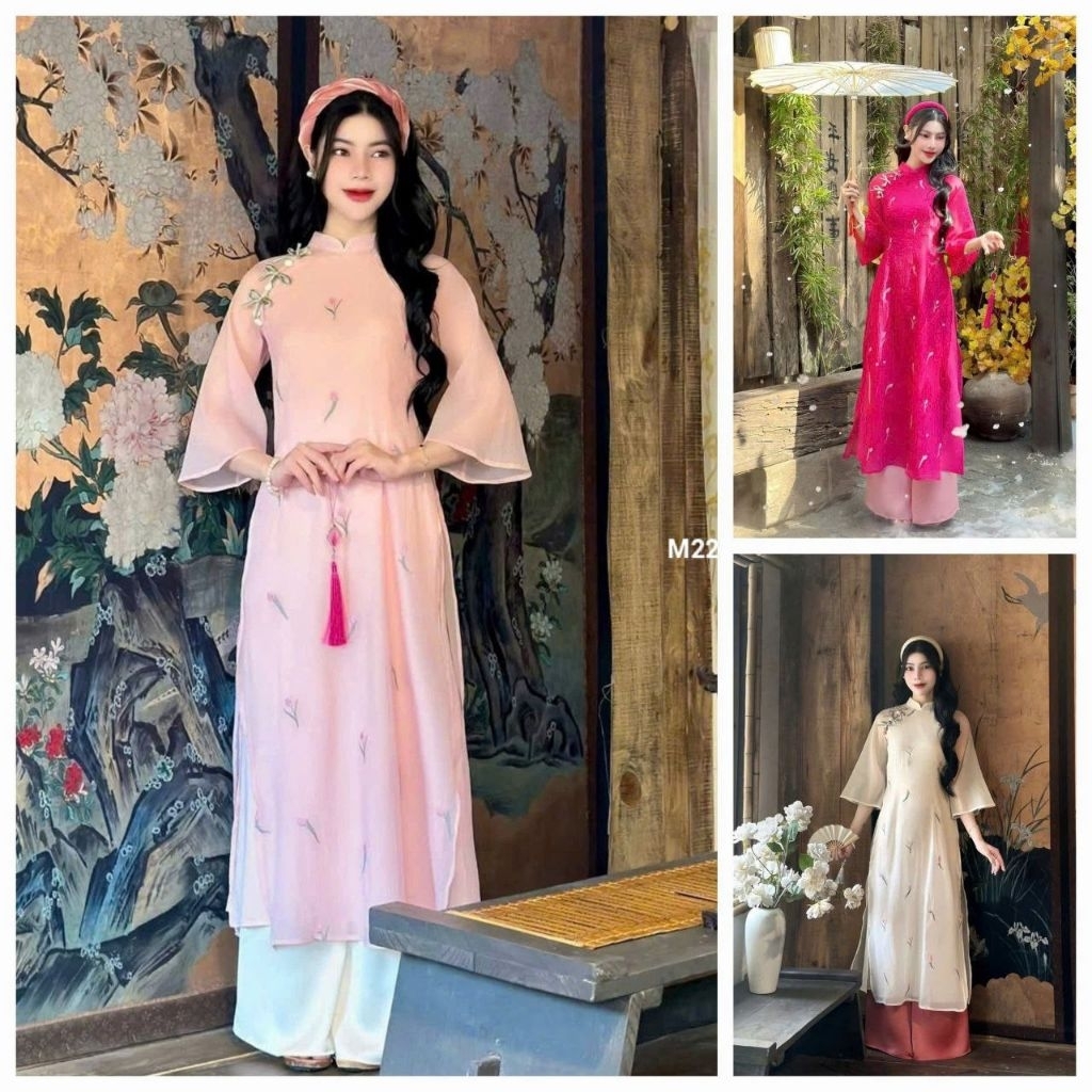 Bo thiet ke Áo dài tơ hai lớp chuẩn hình quần tuyết nhung dài rộng cao cấp M22 Xinh lung linh Anhmi