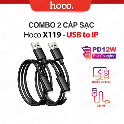 COMBO 1/2/3/5 Cáp sạc nhanh Hoco X119 PD12W USB to IP hỗ trợ truyền dữ liệu dùng cho ip7/8/X/11/12/13/14 dài 1M (ĐEN)