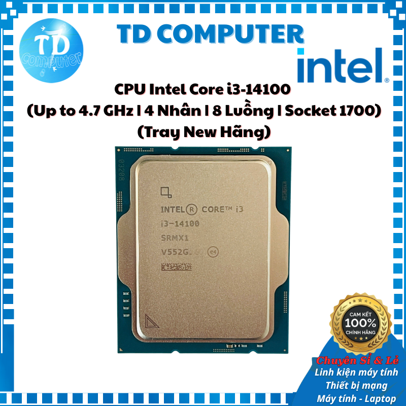 CPU Intel Core i3-14100 (Up to 4.7 GHz | 4 Nhân | 8 Luồng | Socket 1700) (Tray New Hãng) - Viễn Sơn 