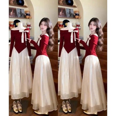 Set Áo Váy Bigsize Nữ Áo Kiểu Trễ Vai Phối Nơ Tay Dài Mix Chân Váy Midi Tiểu Thư A342+CV414/CV15