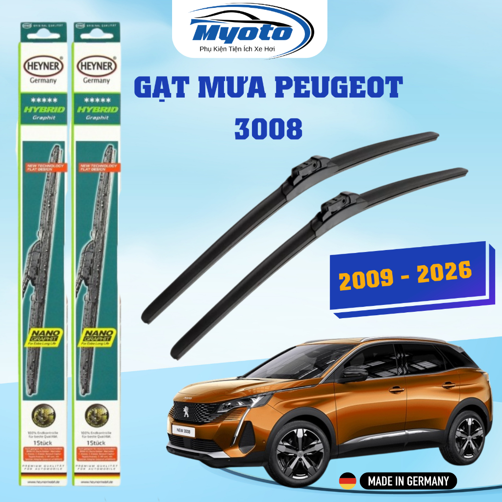 GẠT MƯA XE PEUGEOT 3008 (2009 - 2026)  HEYNER HYBRID NANO - Gạt mưa SILICONE xương mềm lõi thép