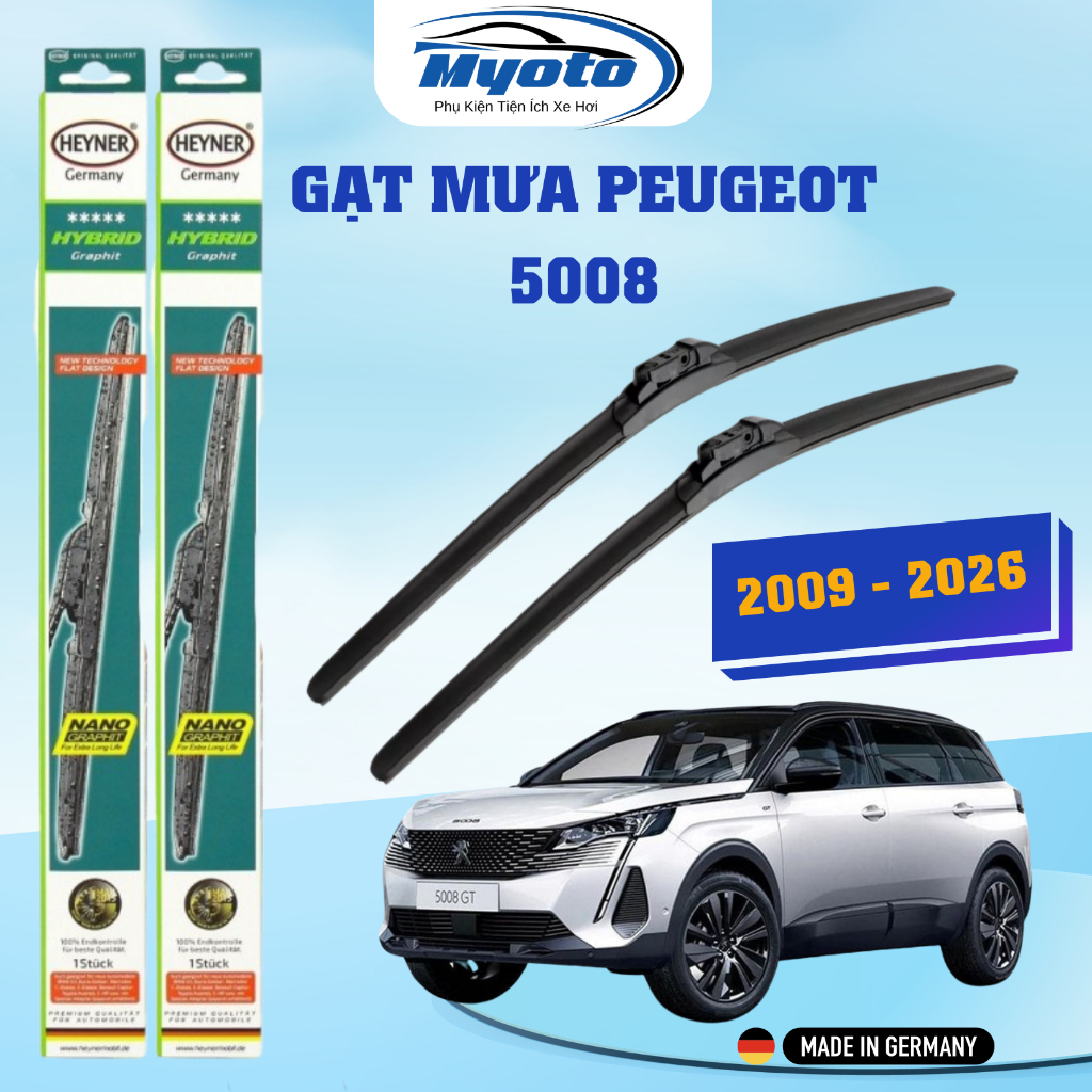 GẠT MƯA XE PEUGEOT 5008 (2009 - 2026)  HEYNER HYBRID NANO - Gạt mưa SILICONE xương mềm lõi thép