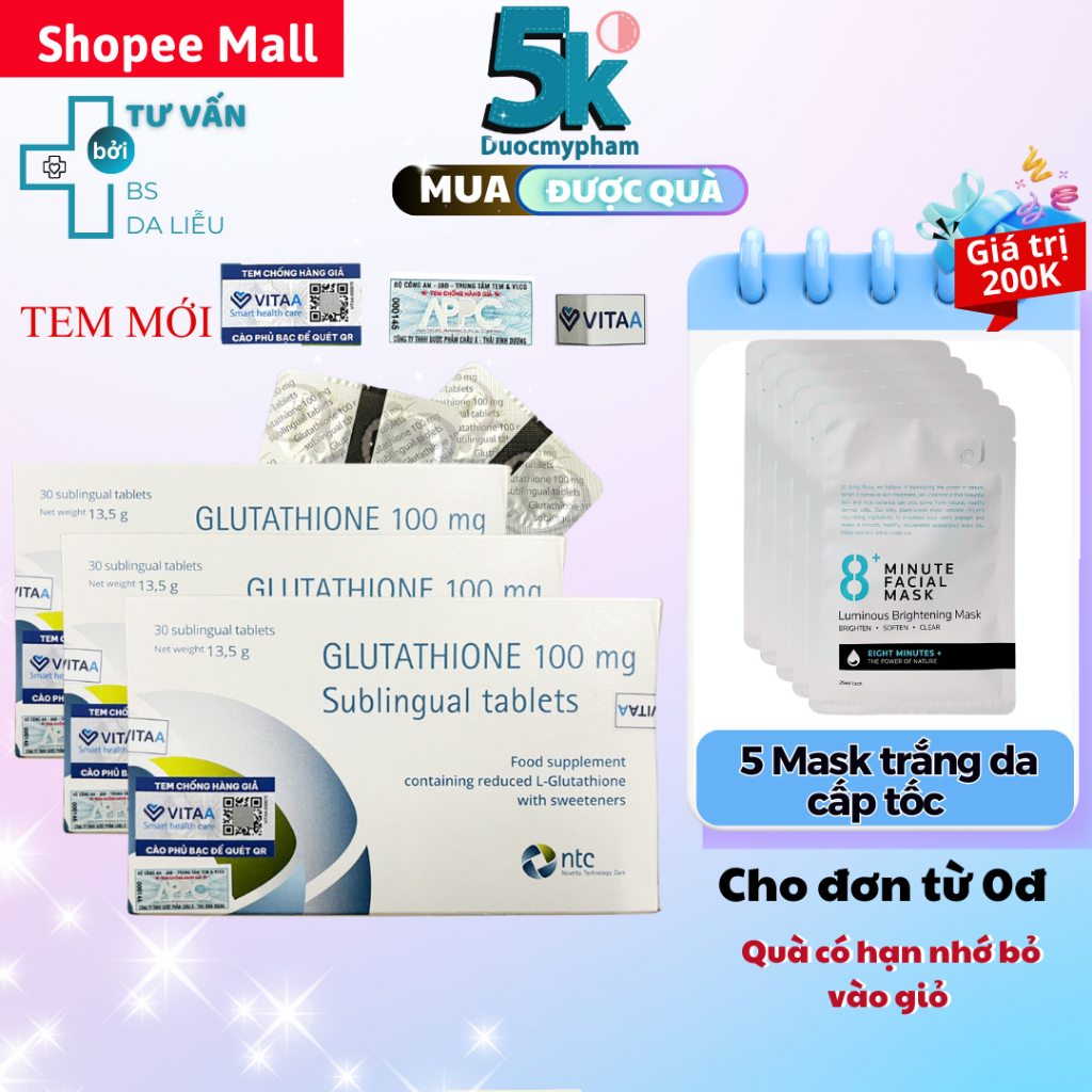 Viên Ngậm Trắng Da Dưới Lưỡi Glutathione 100mg Nhập Khẩu Italy (Hộp 30 viên)