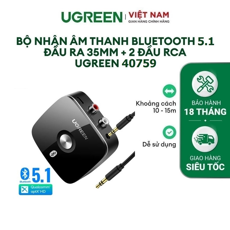 Bộ thu Bluetooth 5.3/5.1/5.0 cho Loa, Amly hỗ trợ cổng 3.5mm + RCA chính hãng Ugreen 40759/30445 cao