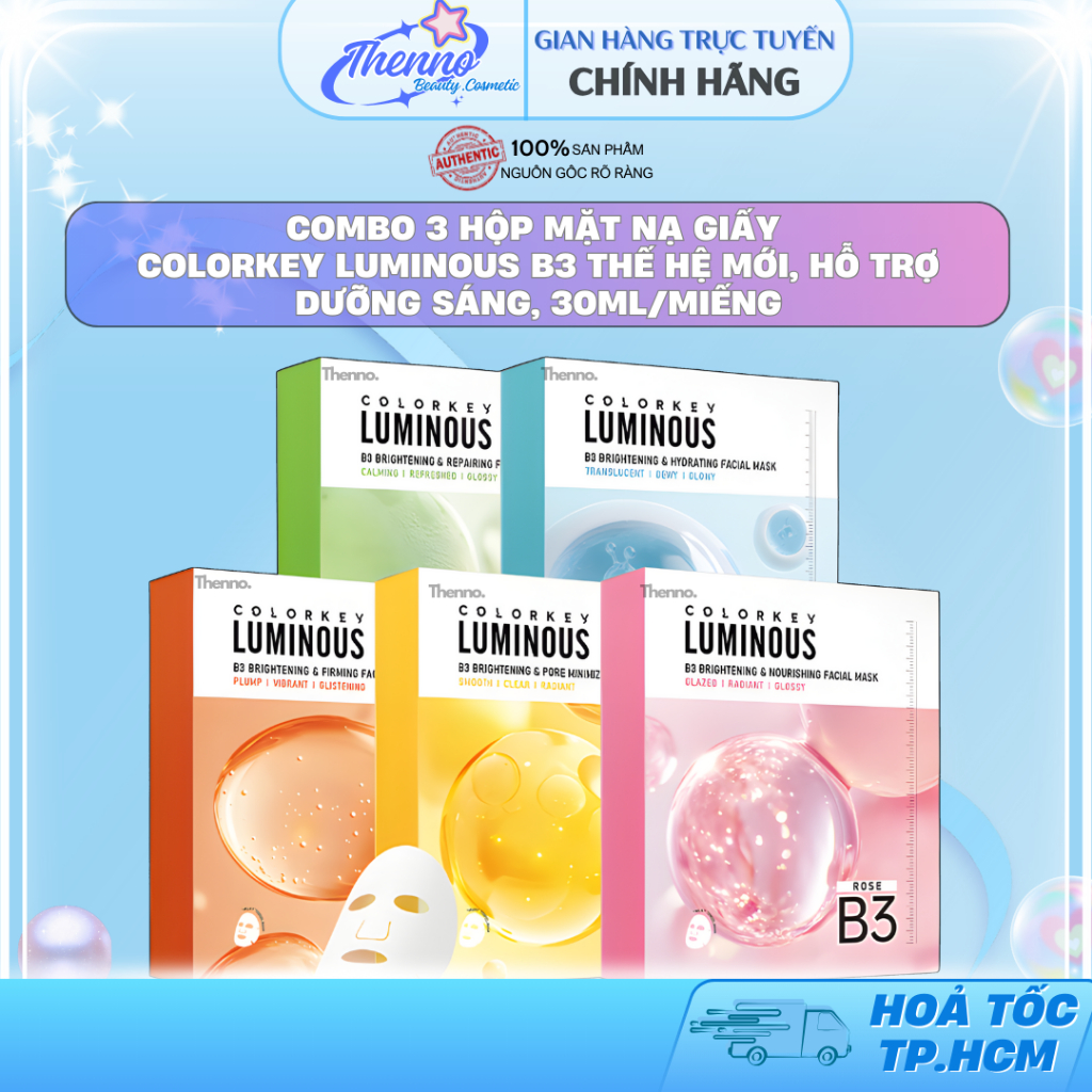 Combo 3 Hộp Mặt Nạ Giấy Colorkey Luminous B3 Thế Hệ Mới, Hỗ Trợ Dưỡng Sáng, 30ml/ Miếng