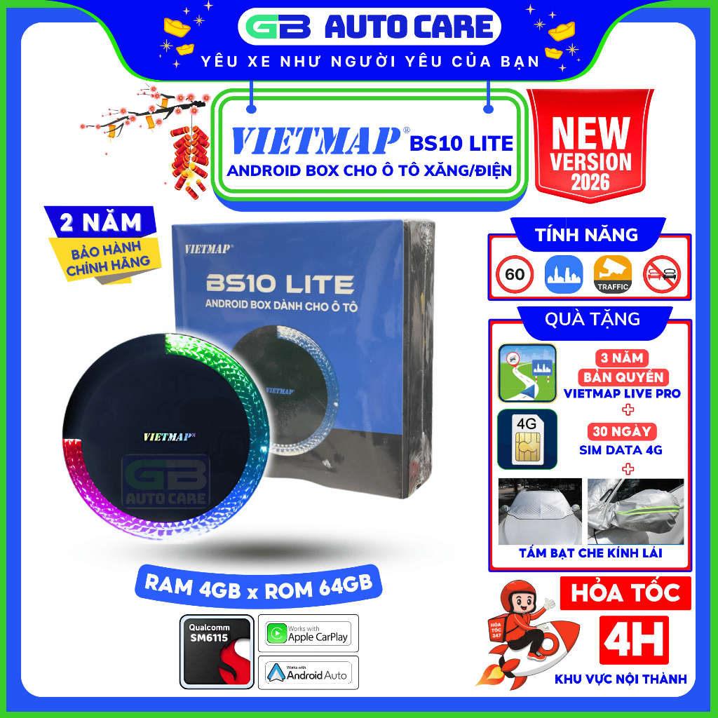 [Hỏa tốc] GB AUTO - Vietmap BS10 LITE 2026 4x64 Tặng SIM 4G Tặng Vietmap Live  - Hàng chính hãng