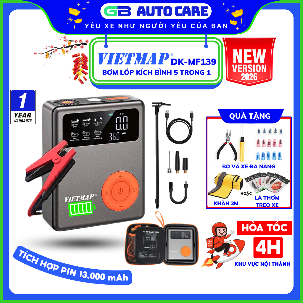 [Hỏa tốc] GB AUTO - Kích bình Bơm lốp ô tô VIETMAP MF139 2026 Pin 13.000 mah 5 trong 1
