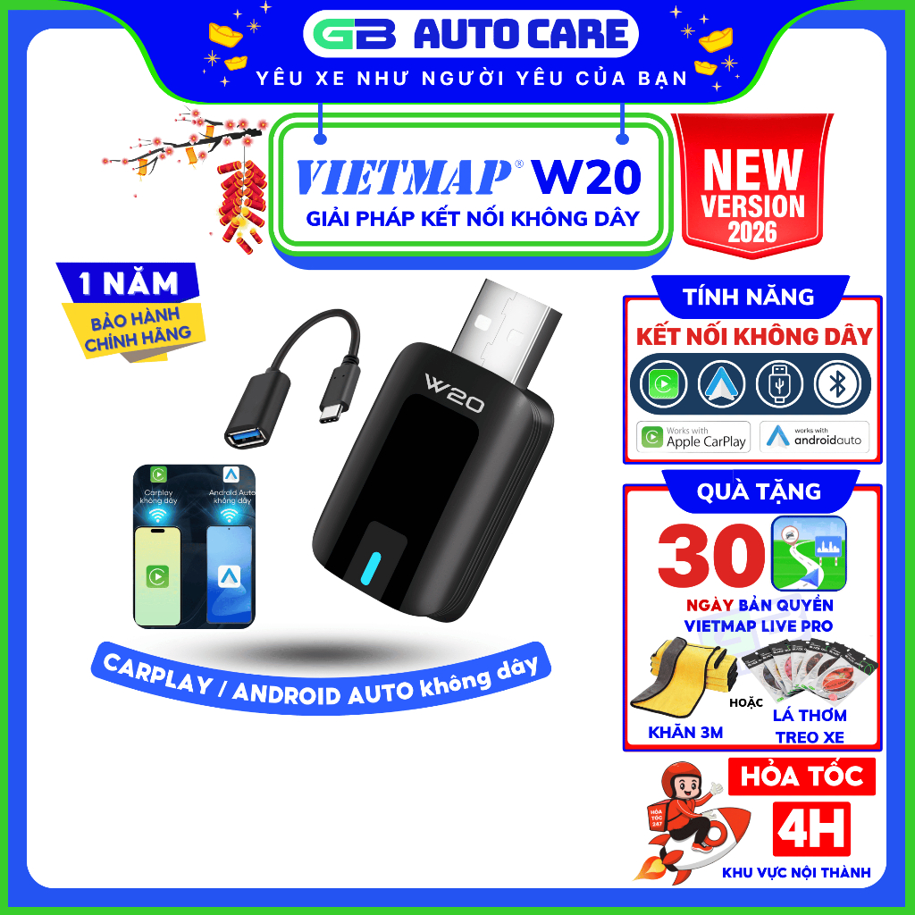 [Hỏa tốc] GB AUTO - VIETMAP W20 2026 Android CarPlay không dây cho ô tô có dây 2 trong 1 -  Hàng chí