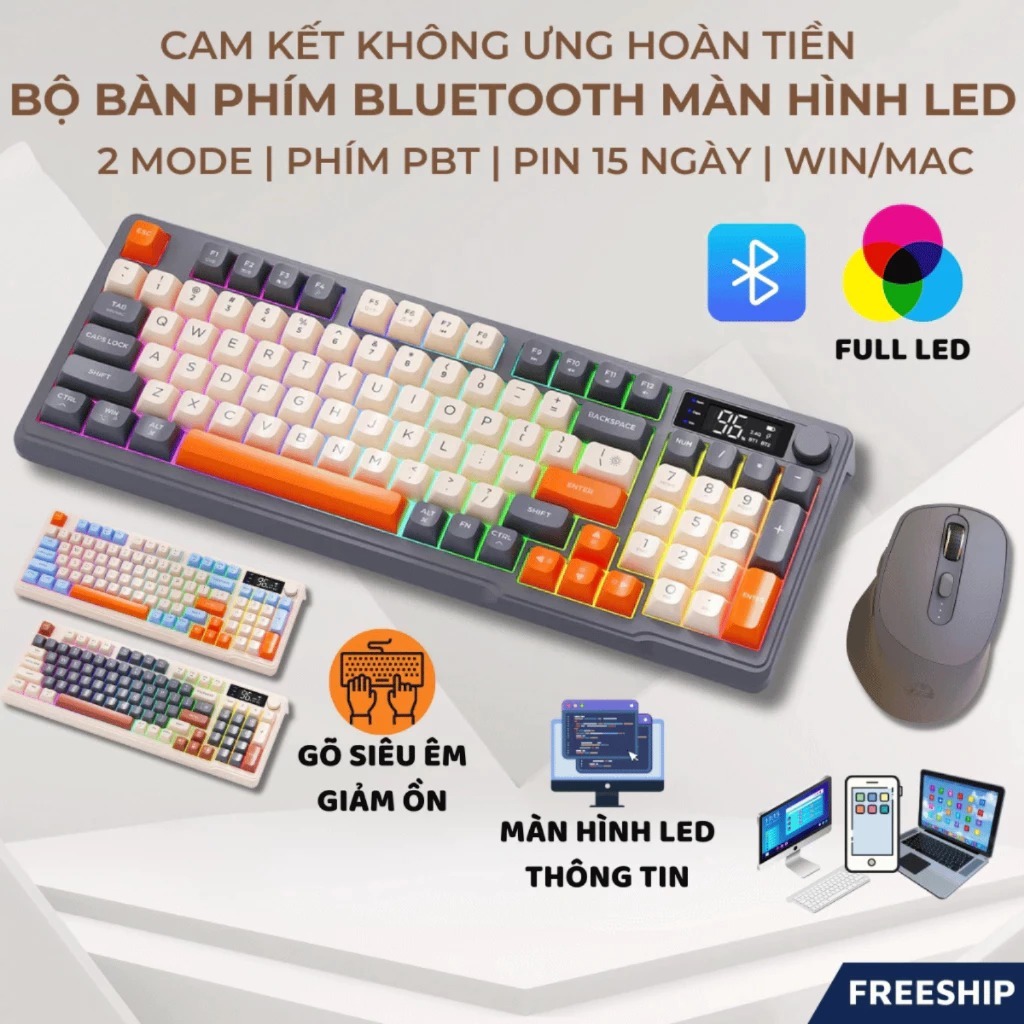 Bộ Bàn Phím Không Dây Bluetooth M96 LED 7 Màu Có Màn Hình, Phím PBT Cao Cấp, Gõ Êm Chống Ồn Win/ Mac
