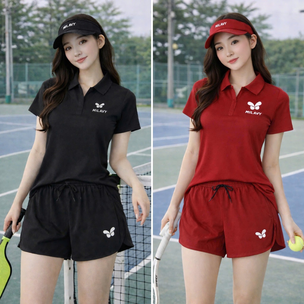 Bộ Đồ Tập Thể Thao Nữ MILAVY Quần Short 2 Lớp Khoá Túi Vải Dù Kèm Áo Ella Dáng Cổ V