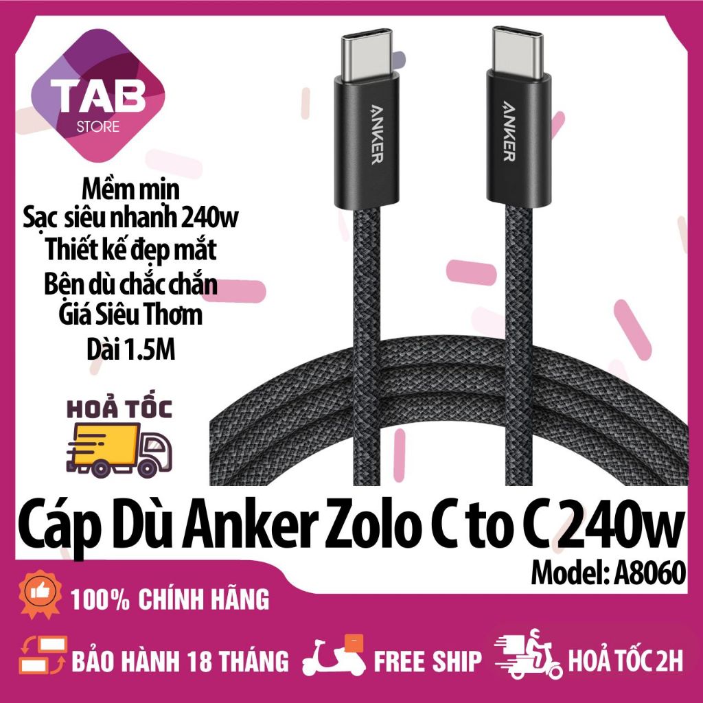 Cáp Dù Anker Zolo C To C 240w Chống Bám Bẩn A8060 - Bảo Hành 18 Tháng