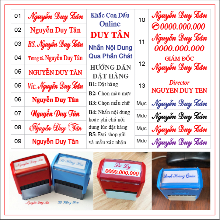 Con dấu tên, dấu chức danh làm theo yêu cầu.