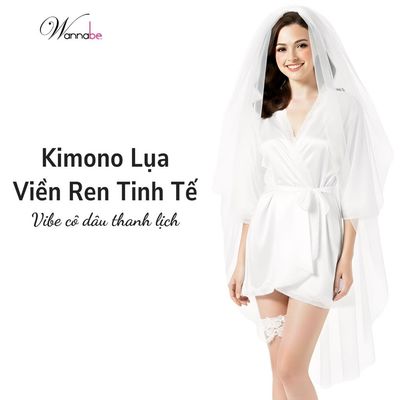 Áo choàng kimono lụa cô dâu viền ren WANNABE áo khoác sang trọng chụp hình cưới, đêm tân hôn KI605