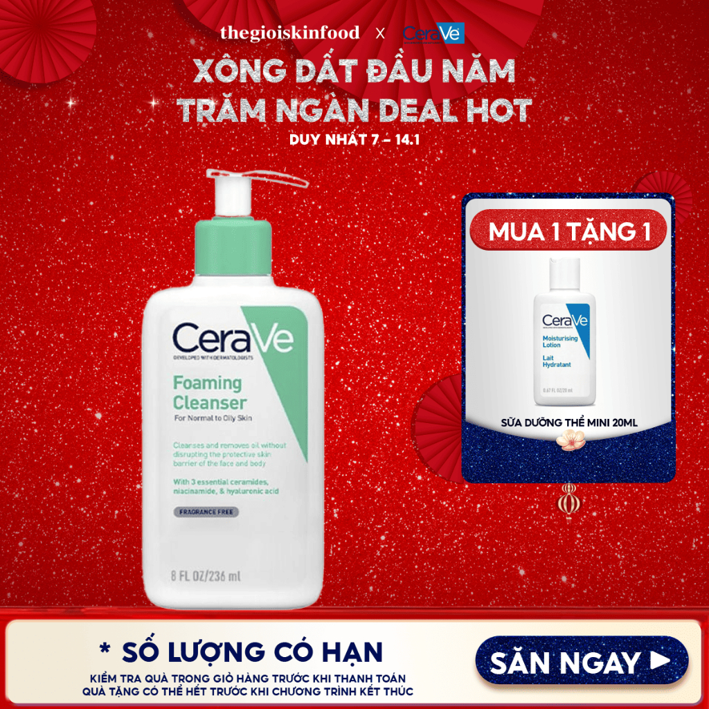 Sữa Rửa Mặt Sạch Sâu, Dưỡng Ẩm Cerave Developed With Dermatologists Foaming Cleanser 88ml, 236ml, 47
