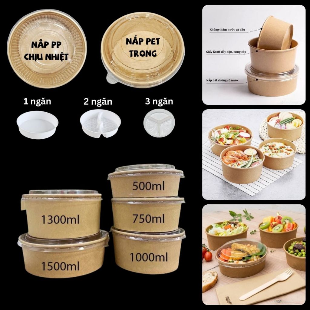 [Bán lẻ] 20/10 Tô kraft 750ML và 1000ML loại dày 2 tầng (khay 1 ngăn/2 ngăn/3 ngăn) kèm nắp chịu nhi
