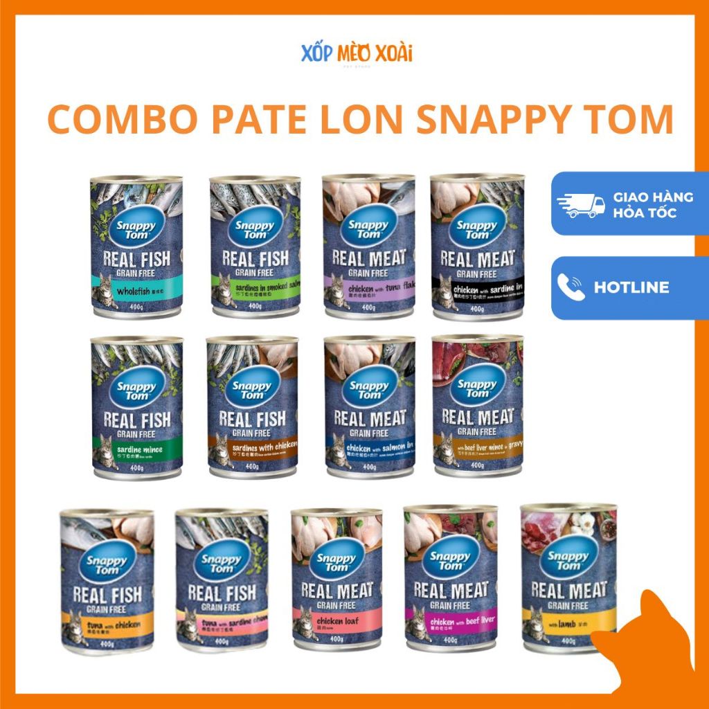 [COMBO] Pate Siêu Cá Snappy Tom Real Fish / Real Meat Lon 400gram - Grain Free cho mèo trưởng thành