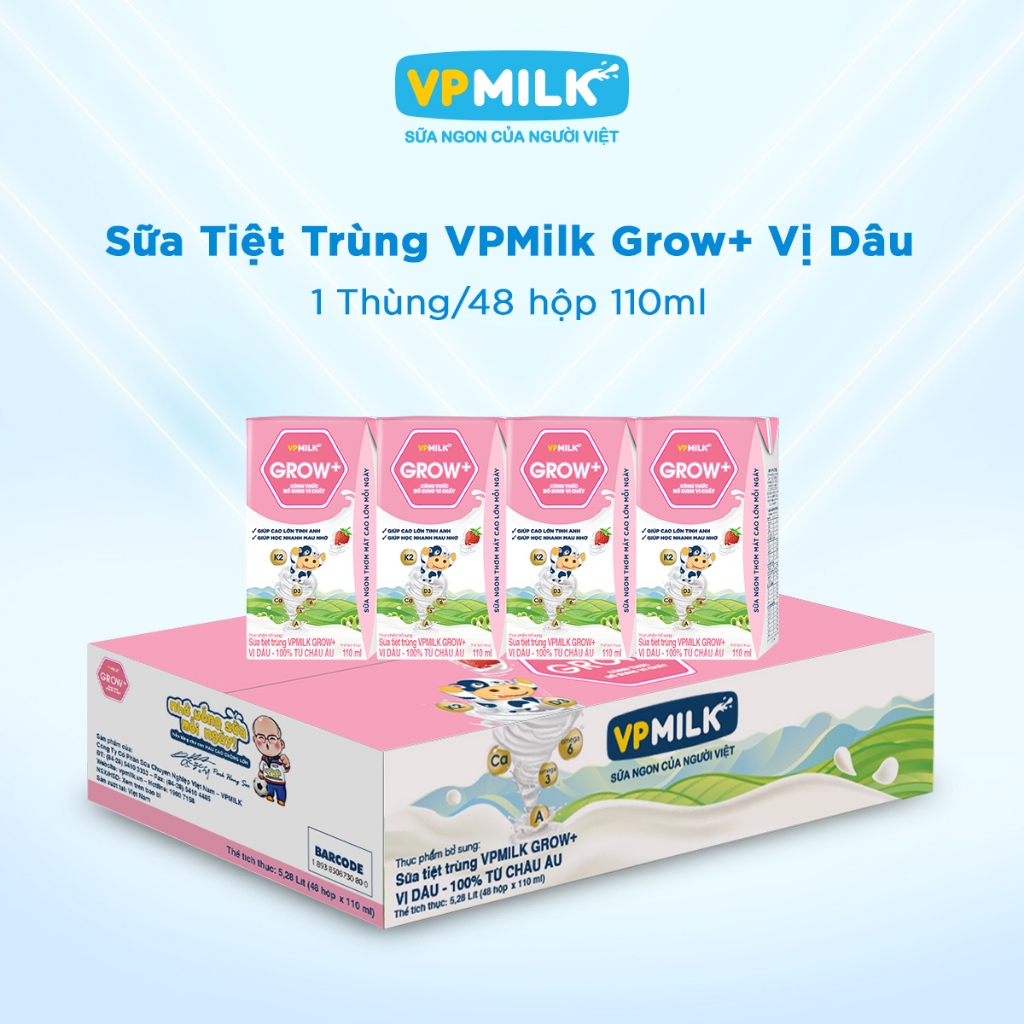 [Thùng 48 hộp 110ml] Sữa VPMIlk Grow+ Dâu,sữa giúp bé phát triển toàn diện