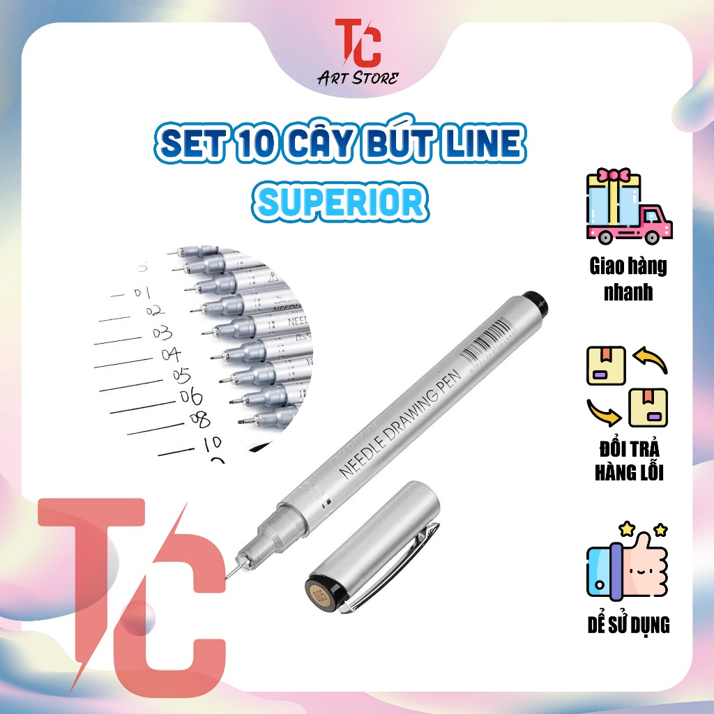 Bộ 10 Bút Line Superior Kháng Nước - Bút Đi Nét Vẽ Kỹ Thuật, Manga, Sketch Chuyên Nghiệp (Full Size 