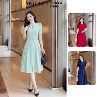 Đầm công sở Nhật Vy tay ngắn phối betl chất lụa dáng dài phù hợp đi làm dự tiệc dạo phố - D2985