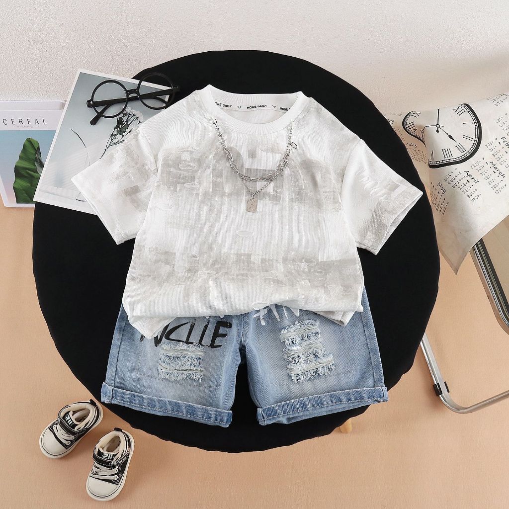TB22a set bộ bé trai nhỏ size80-120 6-22kg áo thun ngắn tay quần short jean phong cách hiphop hàng q