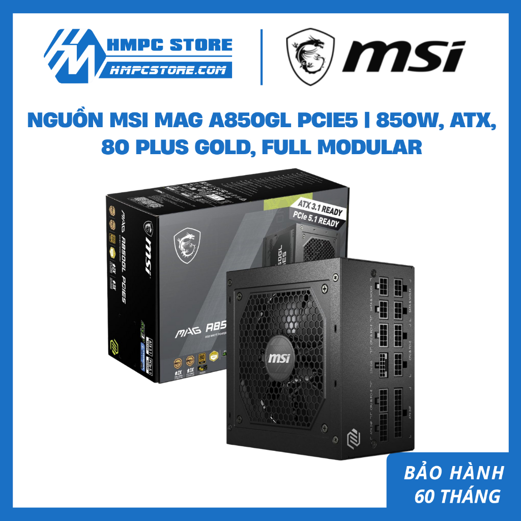Nguồn máy tính MSI MAG A850GL PCIE5 | 850W, ATX, 80 Plus Gold, Full Modular