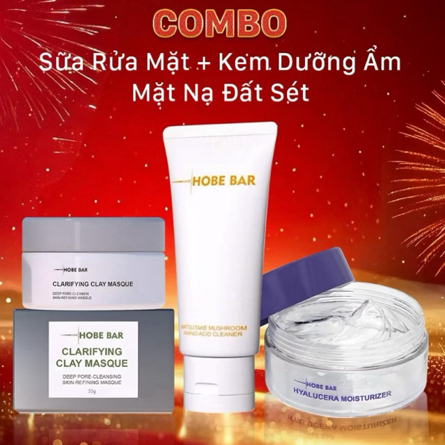 Combo Sữa Rửa Mặt 50ML + Mặt Nạ Đất Sét 55G + Kem Dưỡng Ẩm 55g HOBEBAR Làm Sạch Sâu Lỗ Chân Lông Cấp