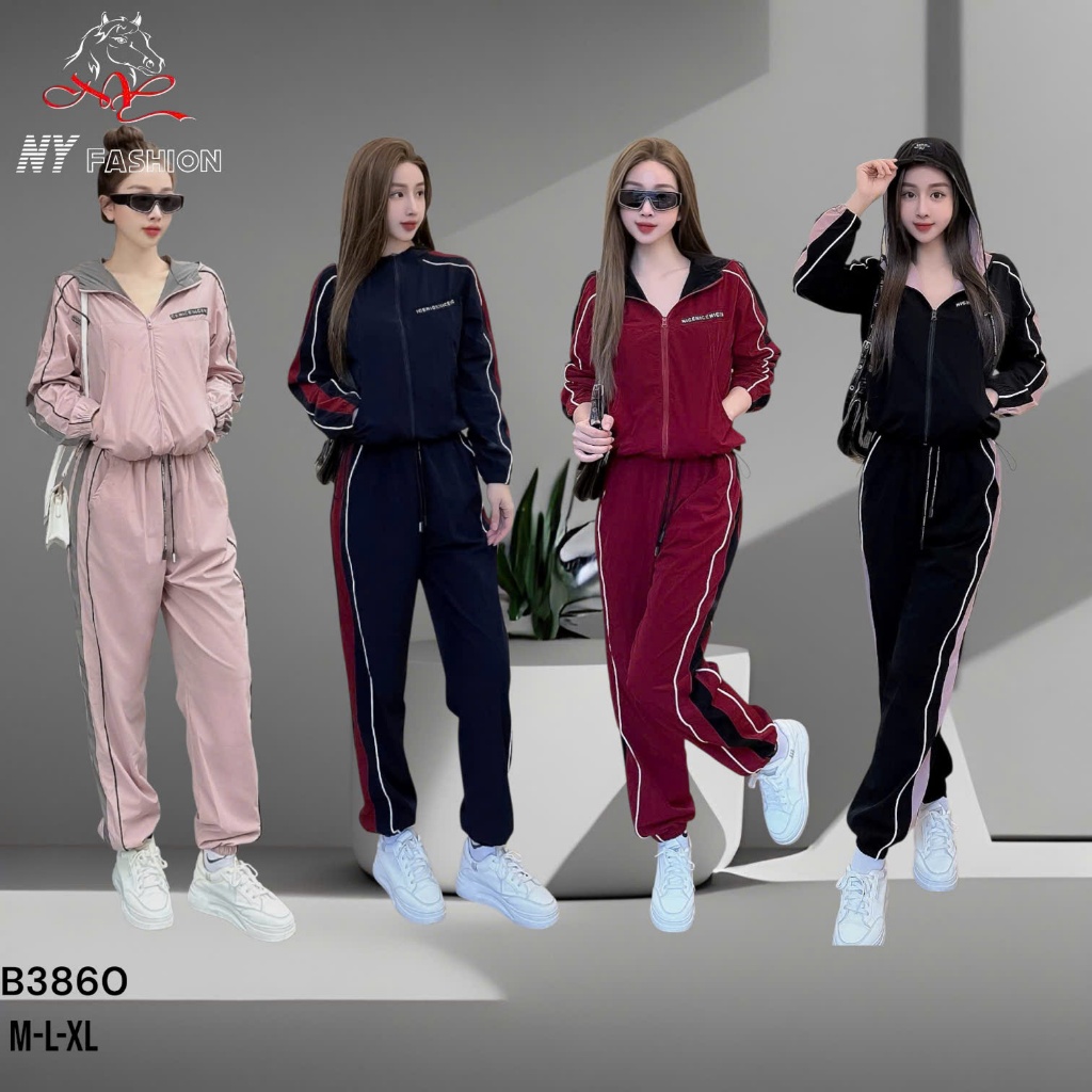 BG3860 - Bộ thể thao nữ, Set áo khoác + quần gió 2 lớp viền sọc thể thao có mũ hàng cao cấp NY Fashi