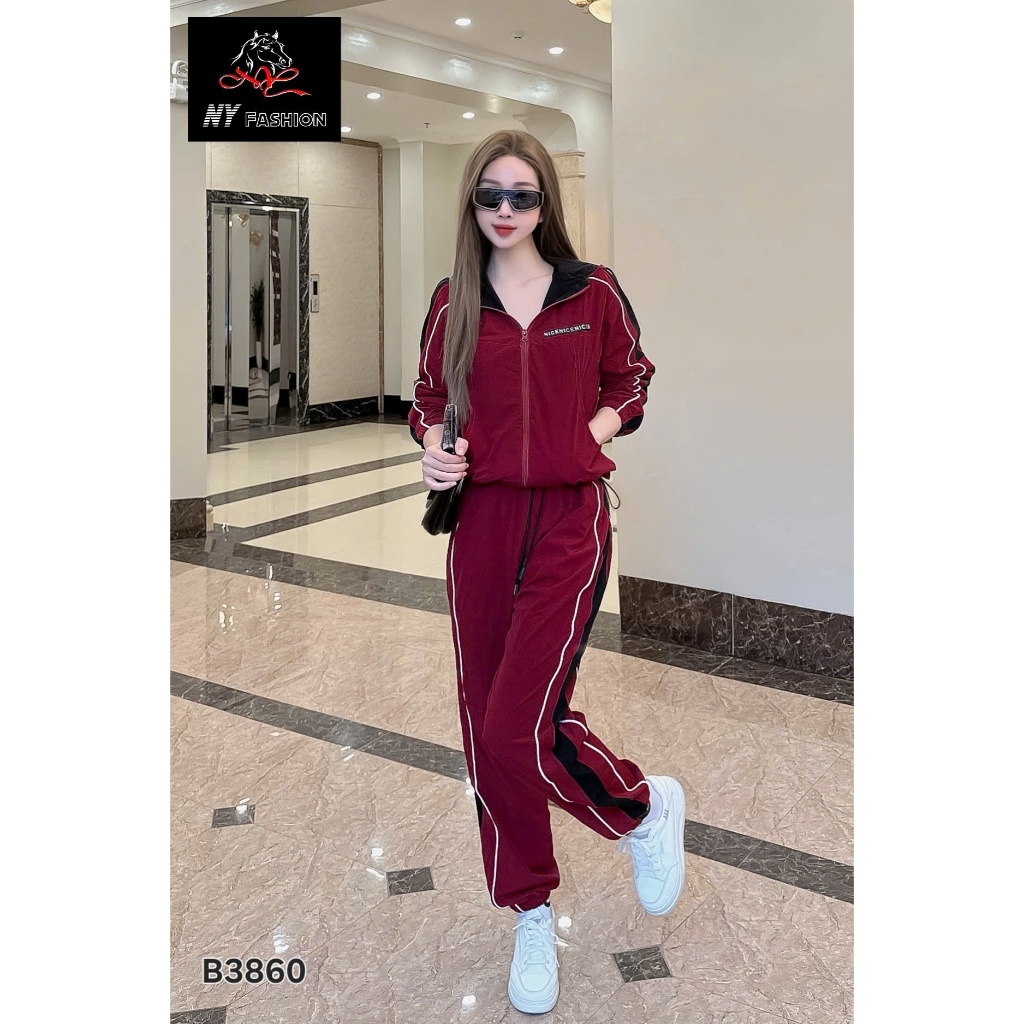 Bộ gió thể thao, Bộ nữ thể thao chất liệu gió giãn 2 lớp có mũ mùa thu đông cao cấp NY Fashion size 