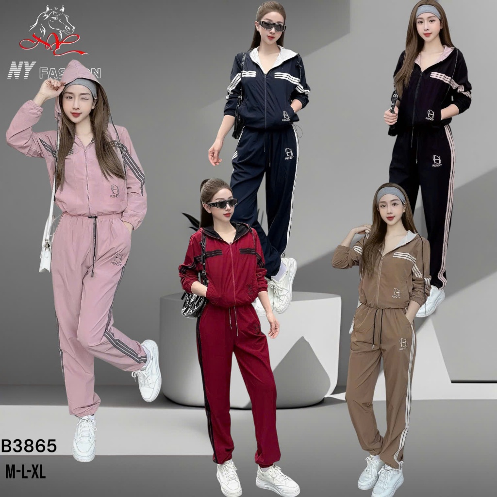 BG3865 - Set thể thao nữ, Bộ áo khoác + quần chất liệu gió giãn 2 lớp có mũ phối viền sọc hàng cao c