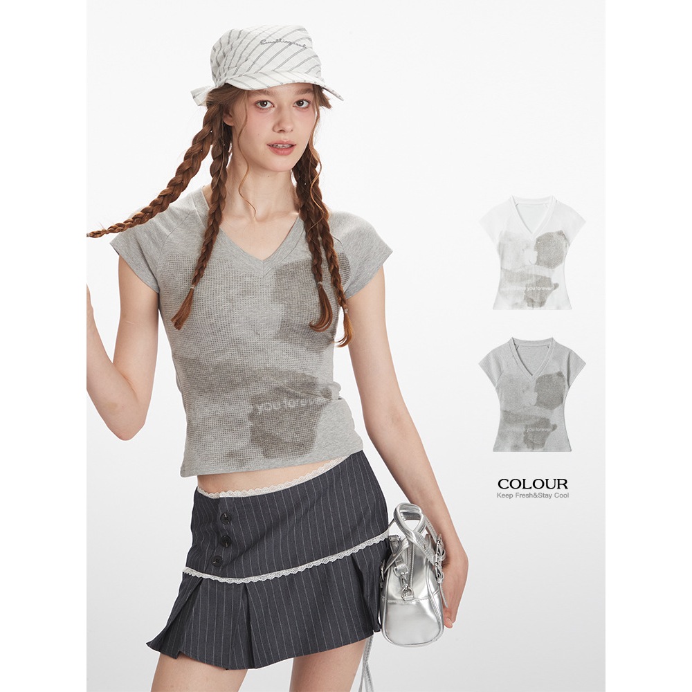 Áo thun nữ croptop Ngắn tay Ôm body Sexy Họa tiết Cổ V Cá tính baby tee Áo phông thun nữ croptop Tay