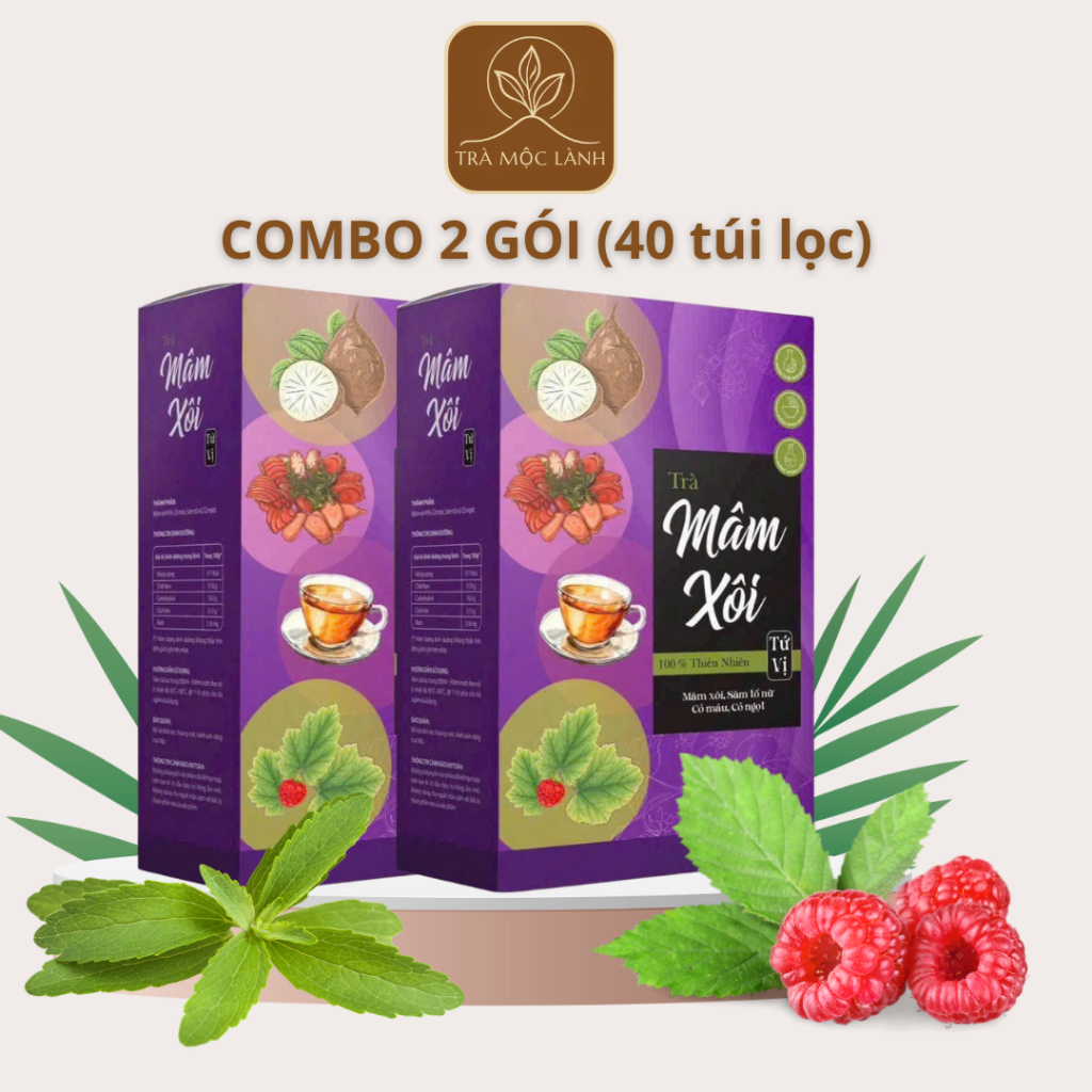 (TMX-02) Combo 2 Trà Mâm Xôi Tứ Vị - Lá Mâm Xôi, Sâm Tố Nữ-Trà Đậm Vị Thơm Ngon 40 Túi-Trà Mộc Lành