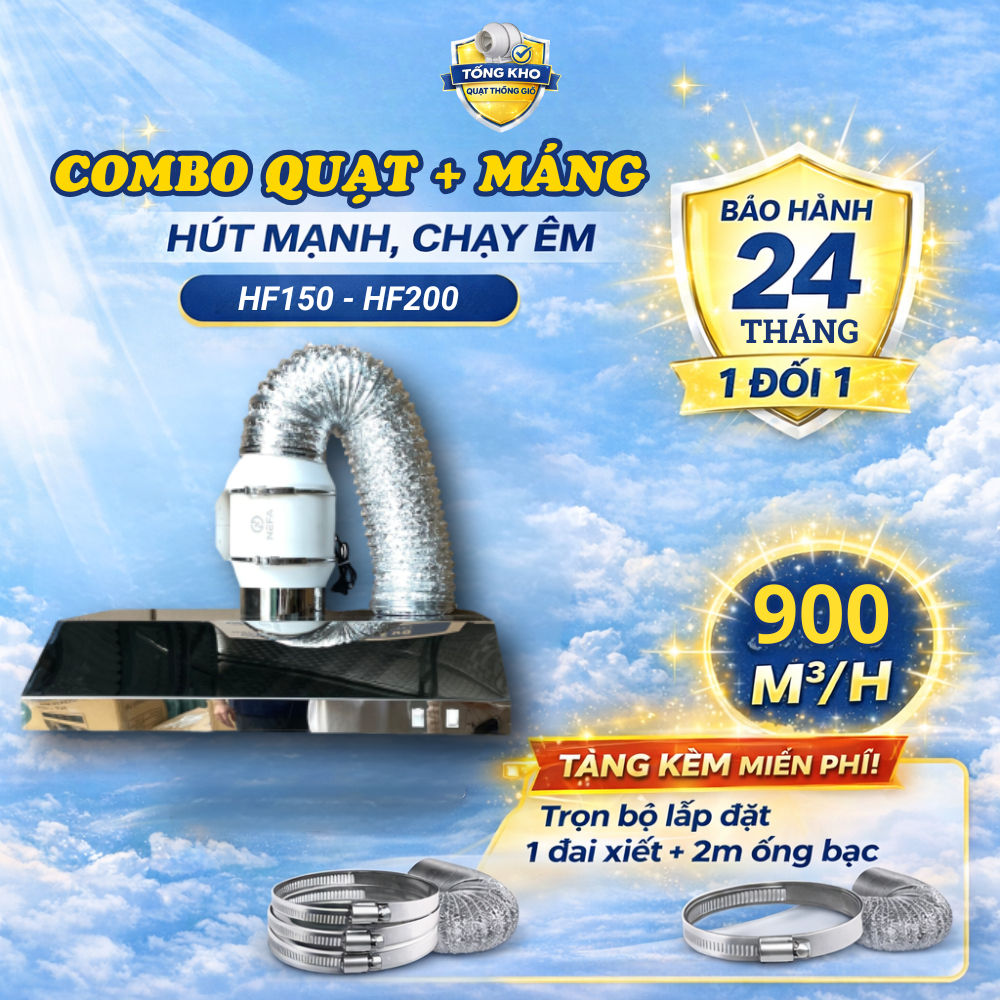 Combo máng hút khói inox NEFA + quạt thông gió HF150 75W, bộ hút mùi nhà bếp, hút khói mạnh, dễ lắp đặt