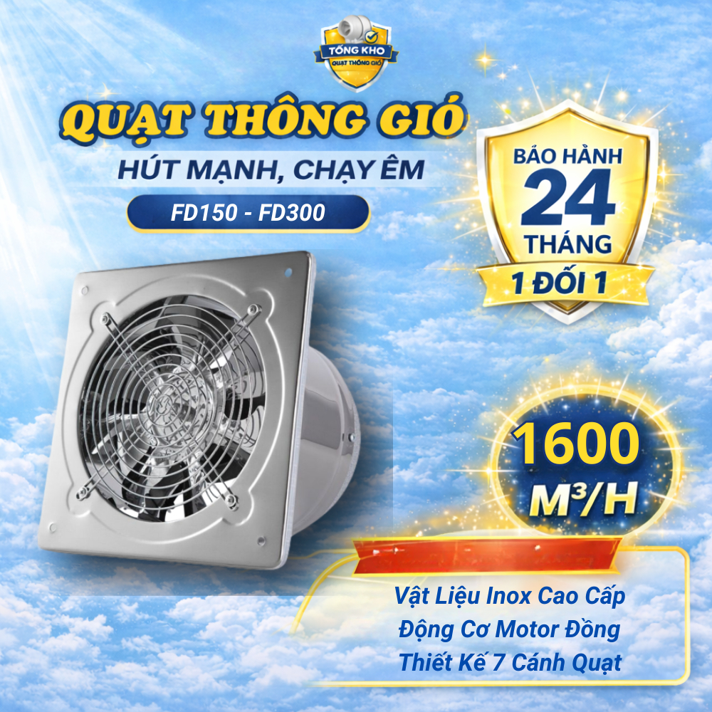 Quạt thông gió vuông NEFA FD150–FD300 inox 100%, hút mùi/hút khói bếp mạnh, lắp tường, độ bền cao
