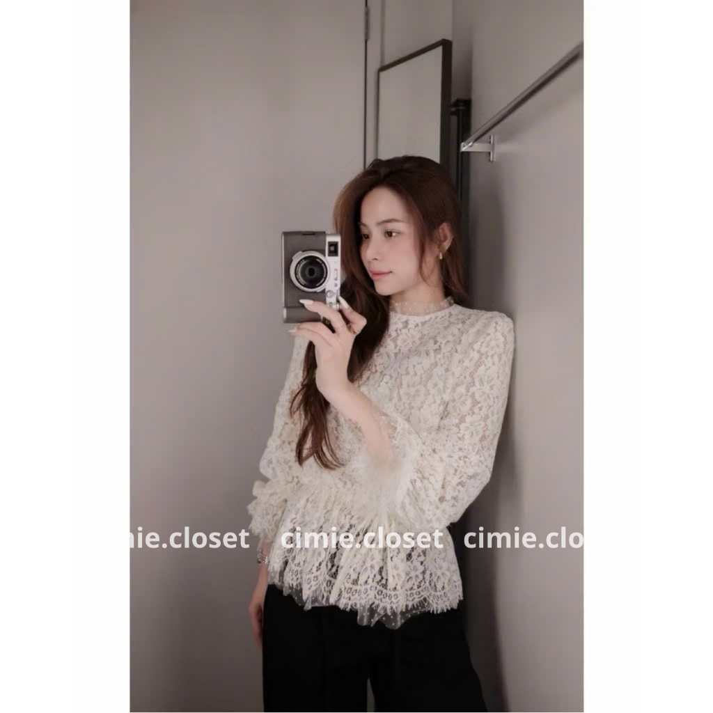 Áo ren hoa phối lưới bi dây rút eo nơ tay bồng loe by Cimie Closet