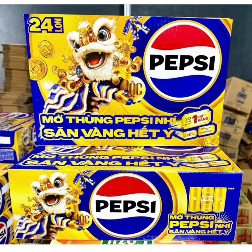 [HỎA TỐC]Thùng 24 Lon Vàng Tết Tài Lộc Pepsi 235ml -320ml Có Thẻ Cào Trong Vỏ Thùng