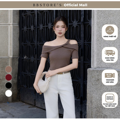 BBSTORE'S Áo Kiểu Dạo Phố Thun Gân Tay Ngắn Trễ Vai Xếp Ly Bắt Chéo Ở Ngực - AAA43B