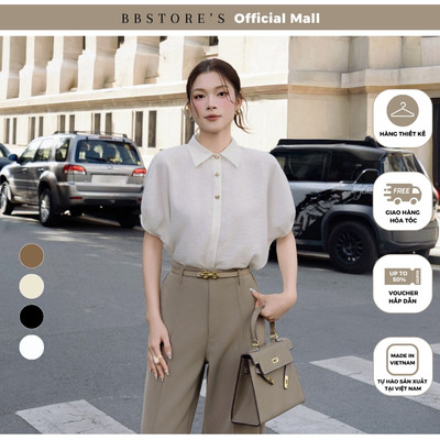 BBSTORE'S Áo Kiểu Công Sở Voan Xếp Ly Tay Phối Nút Kiểu Chất Tơ Xước - AAA24T