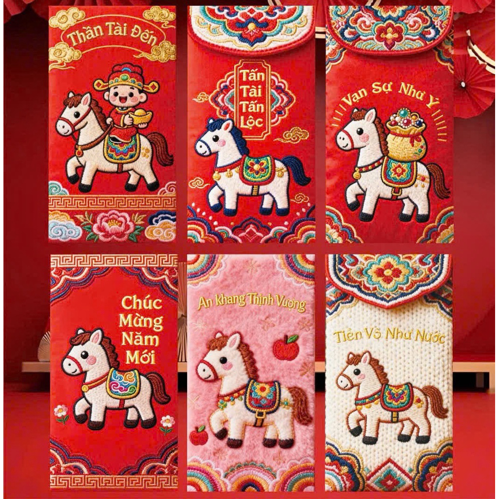 Combo 60 bao Lixi Ngựa Bản Tiếng Việt In 3D Mẫu Mới Nhất 2026 - Mã Đáo Thành Công, Phong Bao Lixi Tế