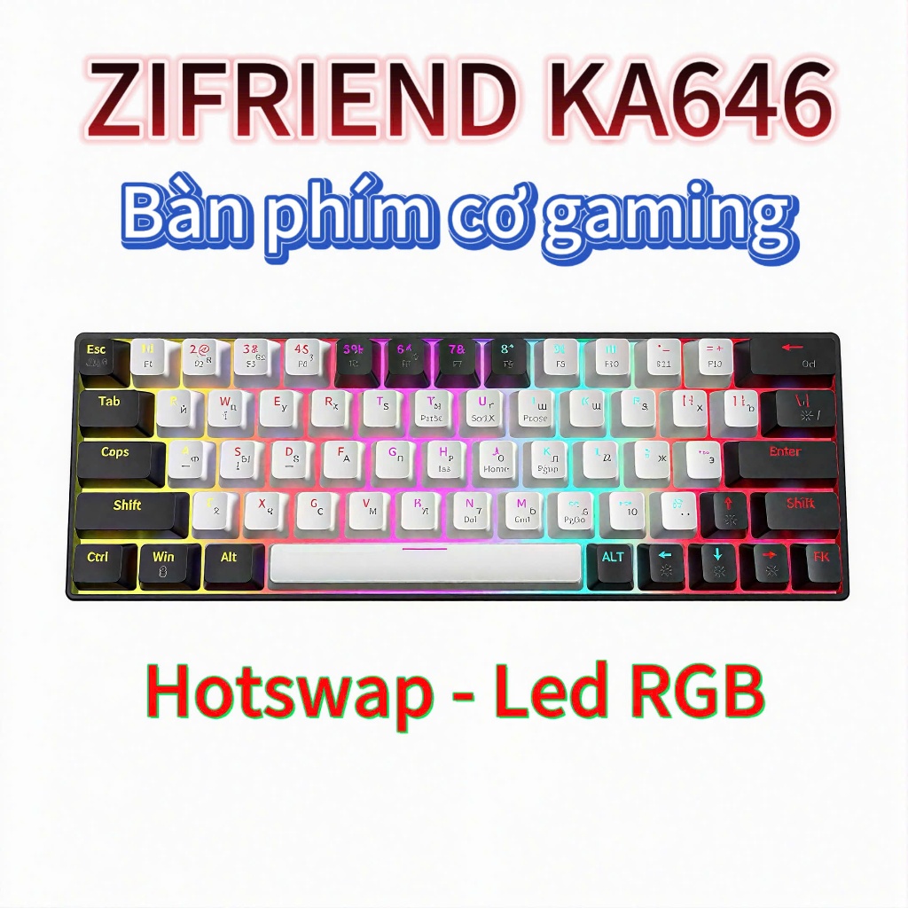 Bàn phím cơ gaming 63 phím Zifriend KA646 - Led RGB - hotswap - Red / Blue Switch - Cổng Type-C