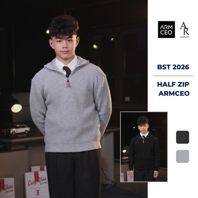 Áo len half zip ARMCEO Reno form dáng đẹp, khóa zip da sang trọng -AL03