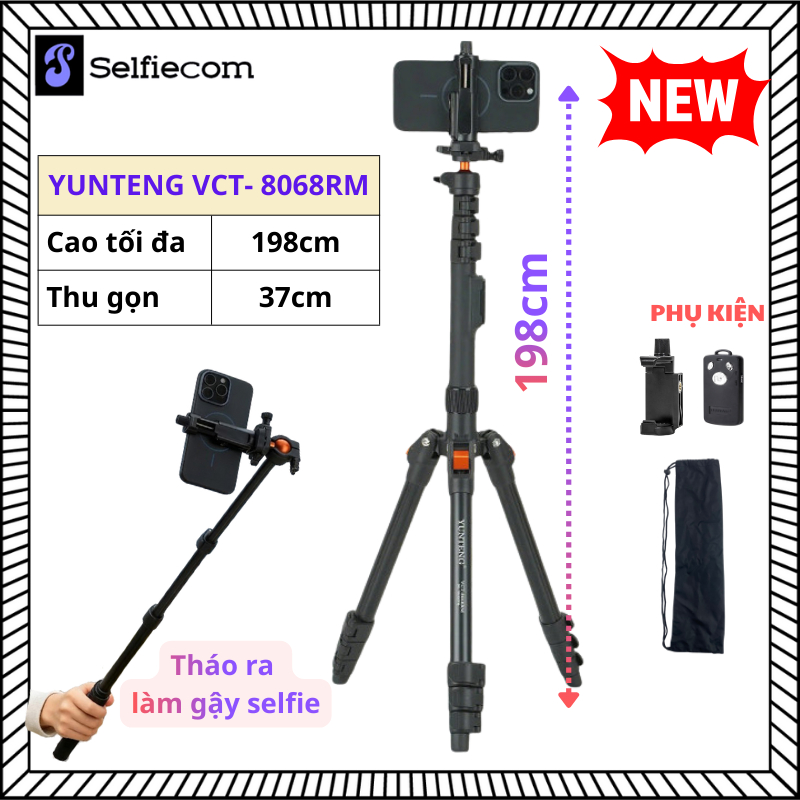 Tripod Yunteng VCT-8068RM cao 198cm – Gấp gọn 37cm – Gậy selfie 102cm – Remote Bluetooth