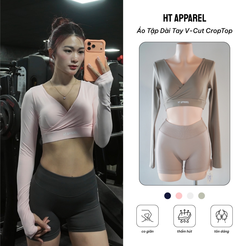 Áo Tập Gym Dài Tay HT Apparel V-Cut - Áo Tập Gym, Yoga, Pilates Có Mút Sẵn, Ôm Phom Nâng Ngực Co Giã