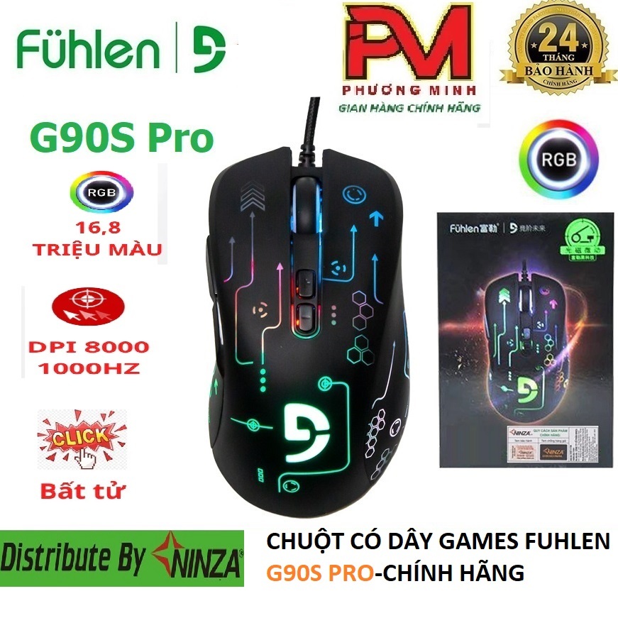 Chuột Gaming Fuhlen G90s Pro RGB (DPI 8000, App chỉnh led RGB, macro, 7 nút bấm) - Hàng CHUẨN Chính 